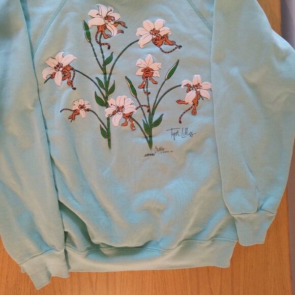 Vintage 80s Goldsmith's Critters Tiger Lillies Pun Collared Sweatshirt - Picture 3 of 9